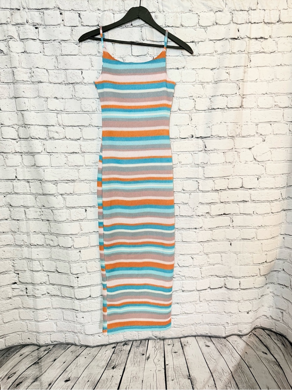 Striped Knit Maxi Dress with Spaghetti Straps - Blue, Orange, White. Size Xs
